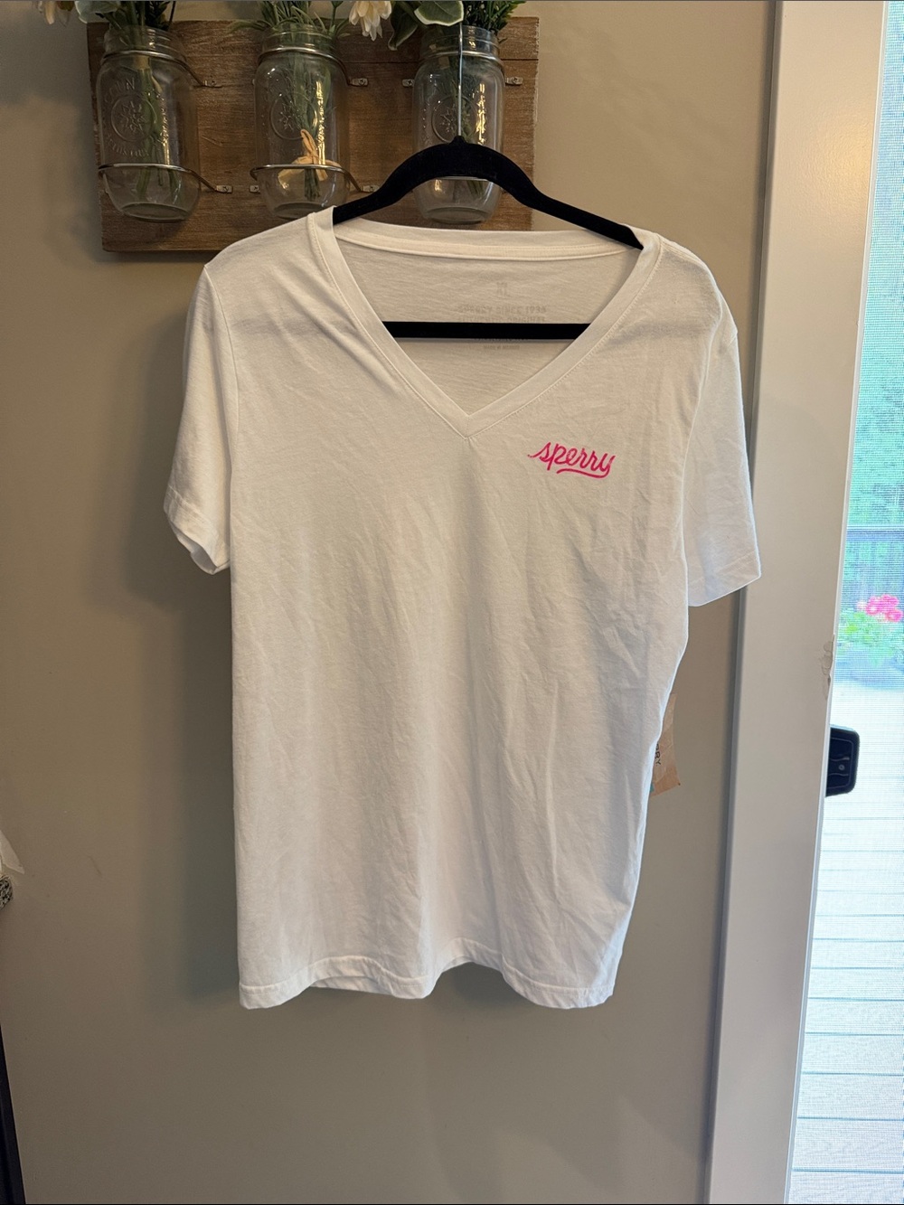 Sperry White V-Neck Tee with Pink Logo